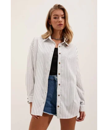 Beyaz Siyah Çizgili Oversize Uzun Basic Gömlek 3900