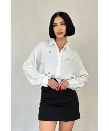 Beyaz Taş İşlemeli Gömlek