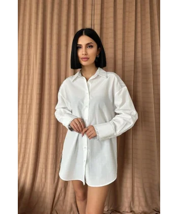 Beyaz Trikoton Çizgili Garnili Gömlek