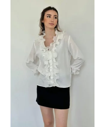 Beyaz Yakası Volanlı Gömlek