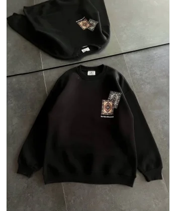 Bisiklet Yaka Baskılı SweatShirt - Siyah