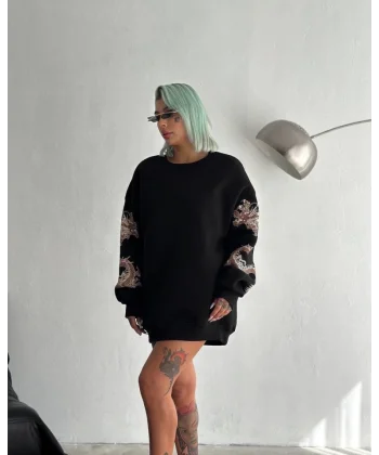 Bisiklet Yaka Baskılı SweatShirt  Siyah