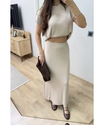 Bisiklet Yaka Bluz Uzun Etekli ikili Takım Triko - Beyaz