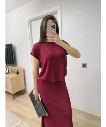 Bisiklet Yaka Bluz Uzun Etekli ikili Takım Triko - Bordo