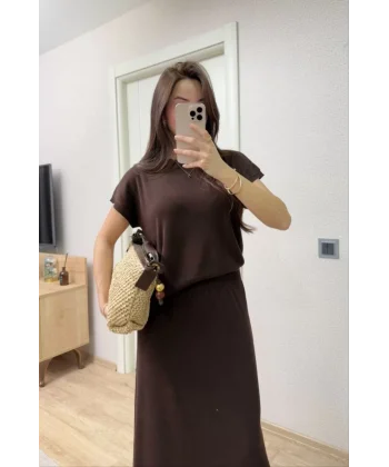 Bisiklet Yaka Bluz Uzun Etekli ikili Takım Triko - Kahve