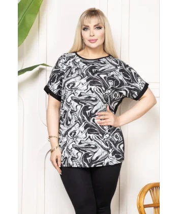 Bisiklet Yaka Büyük Beden Desenli Bluz  Desenli