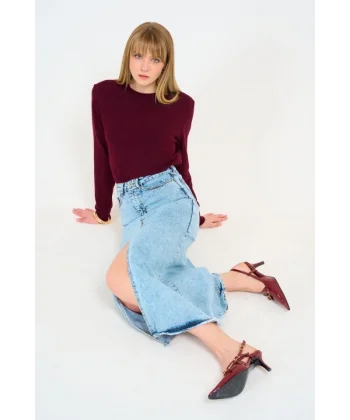 Bisiklet Yaka Düz Kazak  Bordo