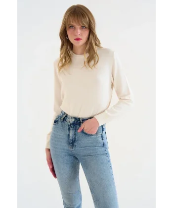 Bisiklet Yaka Düz Kazak  Krem