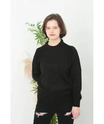 Bisiklet Yaka Düz Kazak  Siyah