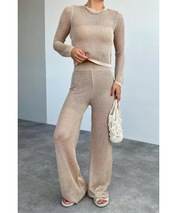 Bisiklet Yaka File Desenli Takım  Bej