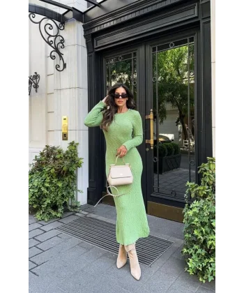 Bisiklet Yaka Fitilli Uzun Elbise -Açık Yeşil