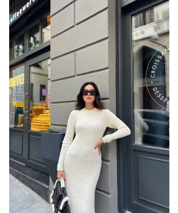 Bisiklet Yaka Fitilli Uzun Elbise - Beyaz