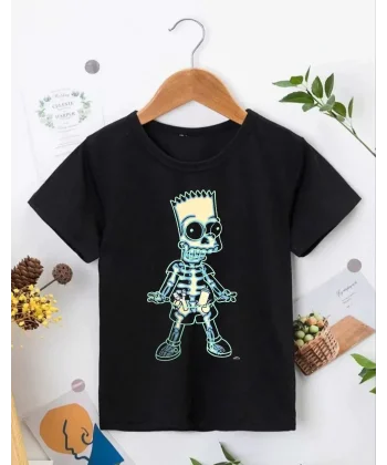 Bisiklet Yaka Kısa Kol Çocuk Baskılı T-Shirt - Siyah