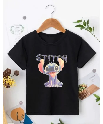 Bisiklet Yaka Kısa Kol Çocuk Baskılı T-Shirt - Siyah