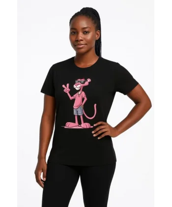 Bisiklet Yaka Kısa Kollu Baskılı T-shirt - Siyah