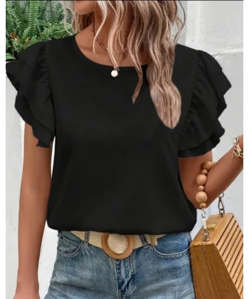 Bisiklet Yaka Kolları Volanlı İthal Krep Bluz