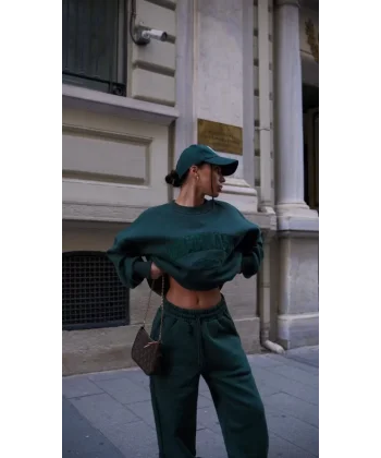 Bisiklet Yaka Nakış İşlemeli Üç İplik Sweat Takım - Yeşil