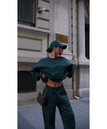 Bisiklet Yaka Nakış İşlemeli Üç İplik weat Takım  Yeşil