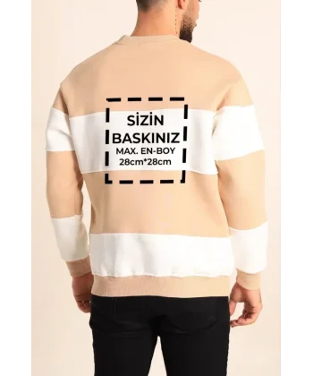 Bisiklet Yaka Parçalı Özel Üretim Sweatshirt- Bej