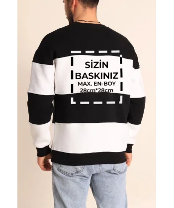 Bisiklet Yaka Parçalı Özel Üretim Sweatshirt- Siyah
