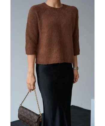 Bisiklet Yaka Reglanlı Kısa Kol Kazak  Acı Kahve