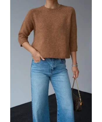 Bisiklet Yaka Reglanlı Kısa Kol Kazak  Camel