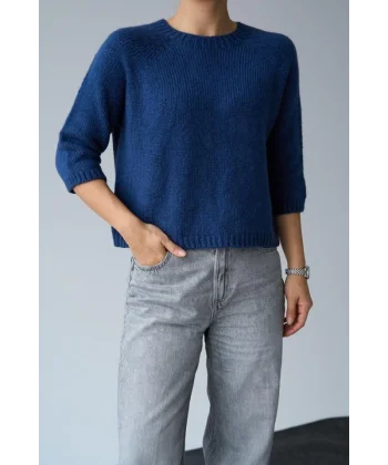 Bisiklet Yaka Reglanlı Kısa Kol Kazak  İndigo