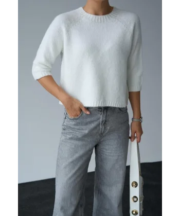 Bisiklet Yaka Reglanlı Kısa Kol Kazak  Kemik