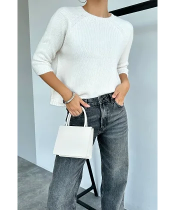 Bisiklet Yaka Reglanlı Kısa Kol Kazak  Krem