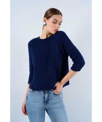 Bisiklet Yaka Reglanlı Kısa Kol Kazak  Lacivert