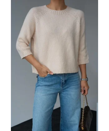 Bisiklet Yaka Reglanlı Kısa Kol Kazak  Vanilya