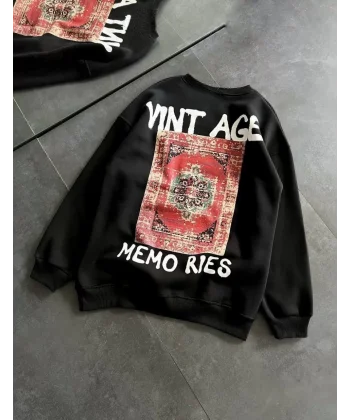 Bisiklet Yaka Üç İplik Baskılı Oversize SweatShirt - Siyah