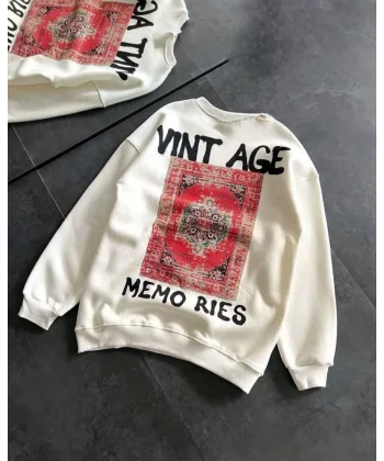 Bisiklet Yaka Üç İplik Baskılı Oversize weathirt  Beyaz