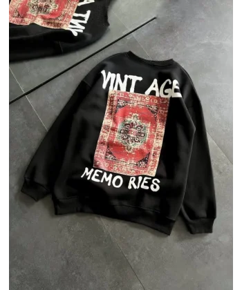 Bisiklet Yaka Üç İplik Baskılı Oversize weathirt  iyah