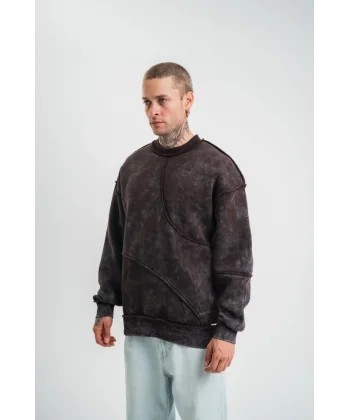 Bisiklet Yaka Yıkamalı Asimetrik Kesşm SweatShirt - Kahve