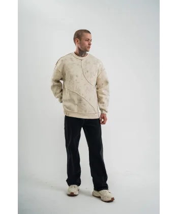 Bisiklet Yaka Yıkamalı Asimetrik Kesşm SweatShirt - Krem