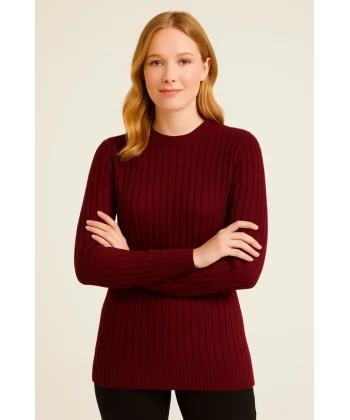 Bisiklet Yuvarlak Yaka Triko Kazak Pamuklu Kalın Fitilli Dokuma, Regular Fit Uzun Kollu Kışlık Model - Bordo