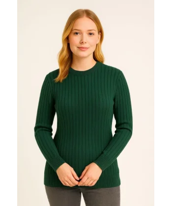 Bisiklet Yuvarlak Yaka Triko Kazak Pamuklu Kalın Fitilli Dokuma, Regular Fit Uzun Kollu Kışlık Model - Haki