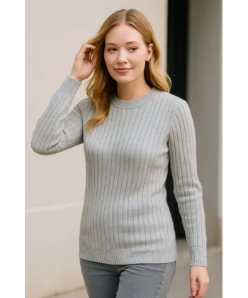 Bisiklet Yuvarlak Yaka Triko Kazak Pamuklu Kalın Fitilli Dokuma, Regular Fit Uzun Kollu Kışlık Model - Gri