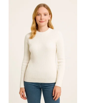 Bisiklet Yuvarlak Yaka Triko Kazak Pamuklu Kalın Fitilli Dokuma, Regular Fit Uzun Kollu Kışlık Model - Beyaz