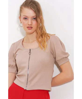 Bisküvi Fermuarlı Örme Bluz 4316