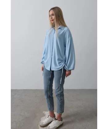 Biye Detaylı Ayrobin Gömlek - Mavi
