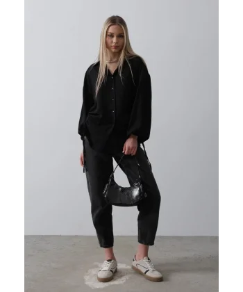 Biye Detaylı Ayrobin Gömlek - Siyah