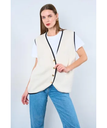 Biyeli 4 Düğmeli Düz Yelek  KremSiyah
