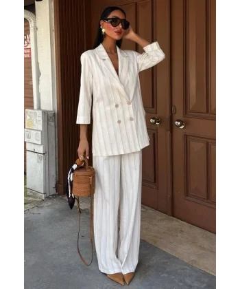 Blazer Ceketli Çizgili Keten Takım 10186