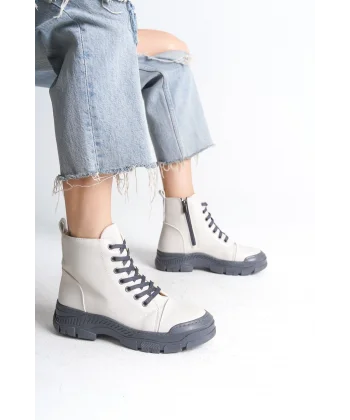 BLOOM Bağcıklı Fermuarlı Ortopedik Taban Kadın Bot  CGT - Krem