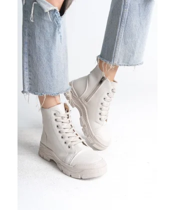 BLOOM Bağcıklı Fermuarlı Ortopedik Taban Kadın Bot  CKT - Krem