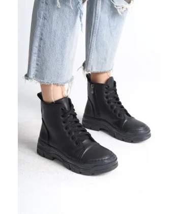 BLOOM Bağcıklı Fermuarlı Ortopedik Taban Kadın Bot CST - Siyah