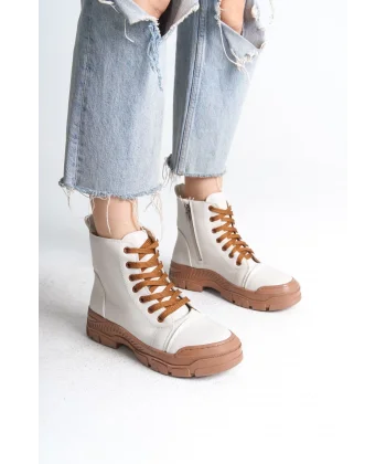 BLOOM Bağcıklı Fermuarlı Ortopedik Taban Kadın Bot  CTT - Krem