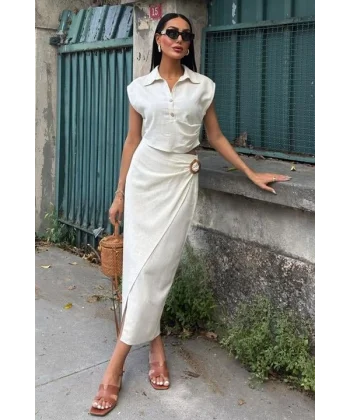 Bluzu Büzgülü Ve Eteği Tokalı Keten Takım 10204